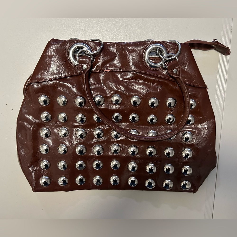 Nicole Lee USA Large Brown Leather Purse W Metal Studs